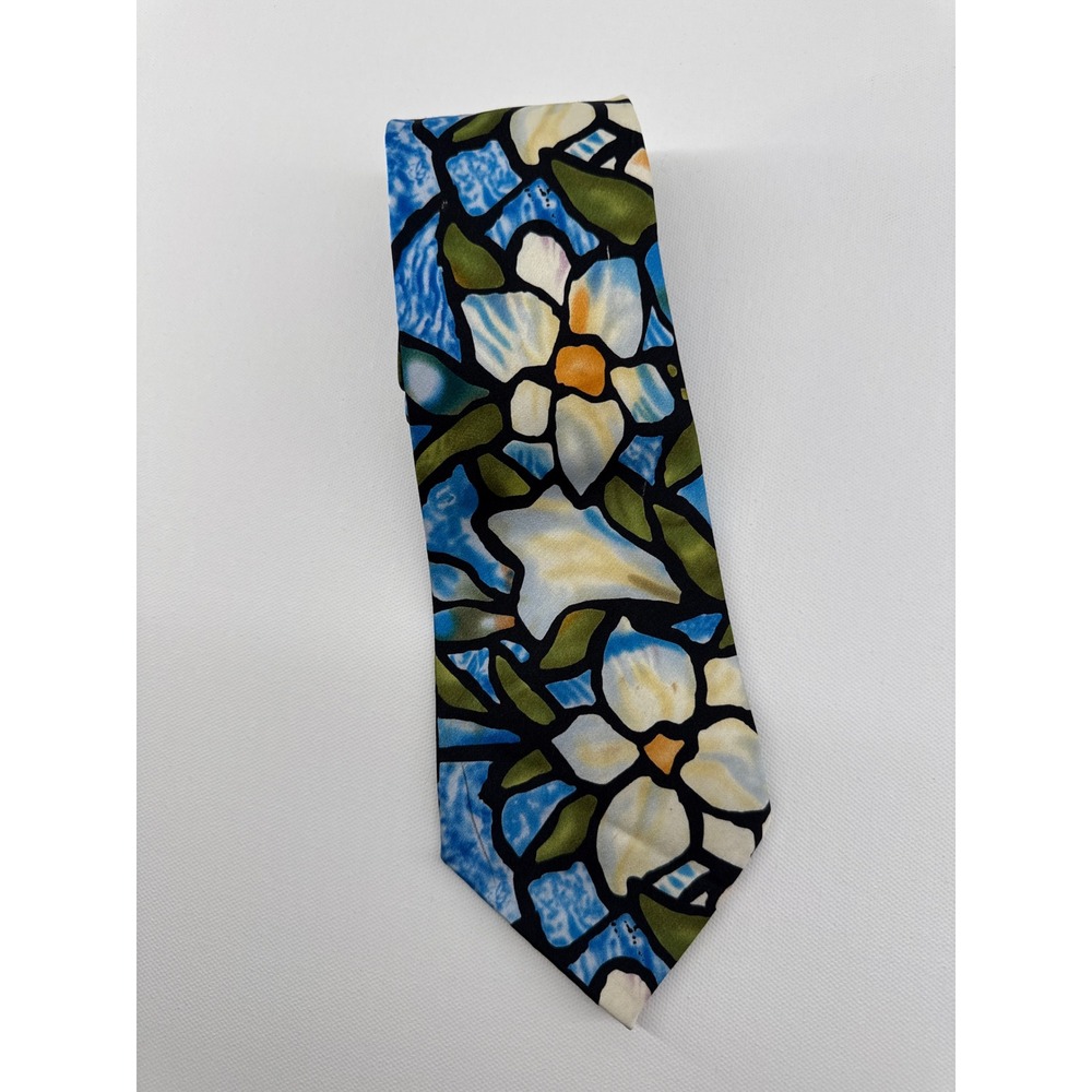 ACME Studios Silk Tie Morse Museum Stained Glass Floral Blue Green 61x3.75